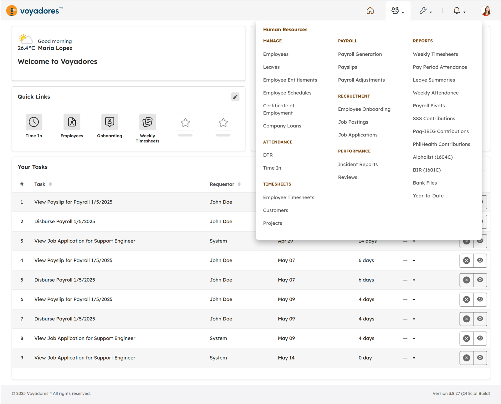 Voyadores dashboard with Human Resources menu displayed