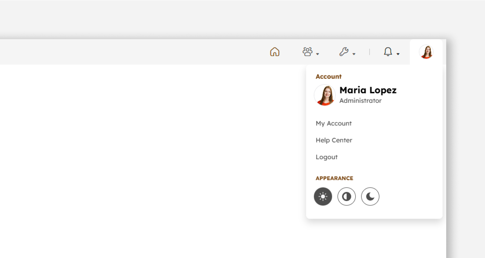 Administrator's account menu