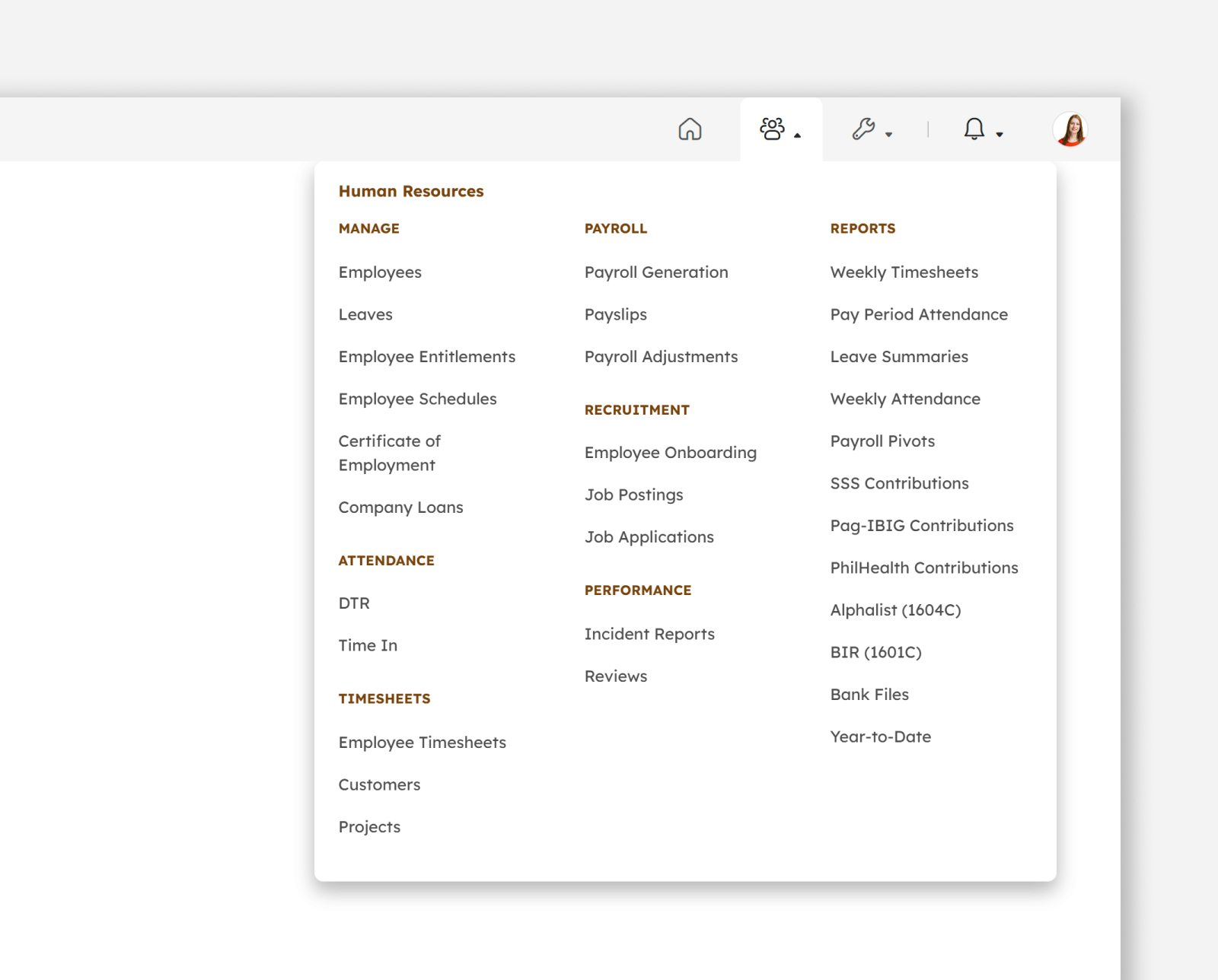 Administrator's human resources menu