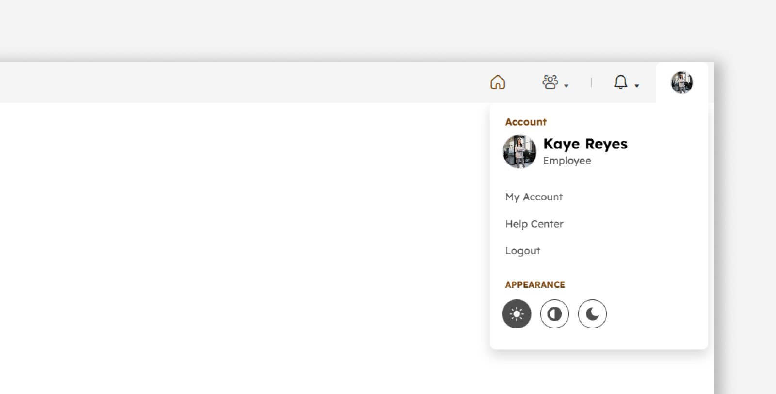 Employee's account menu